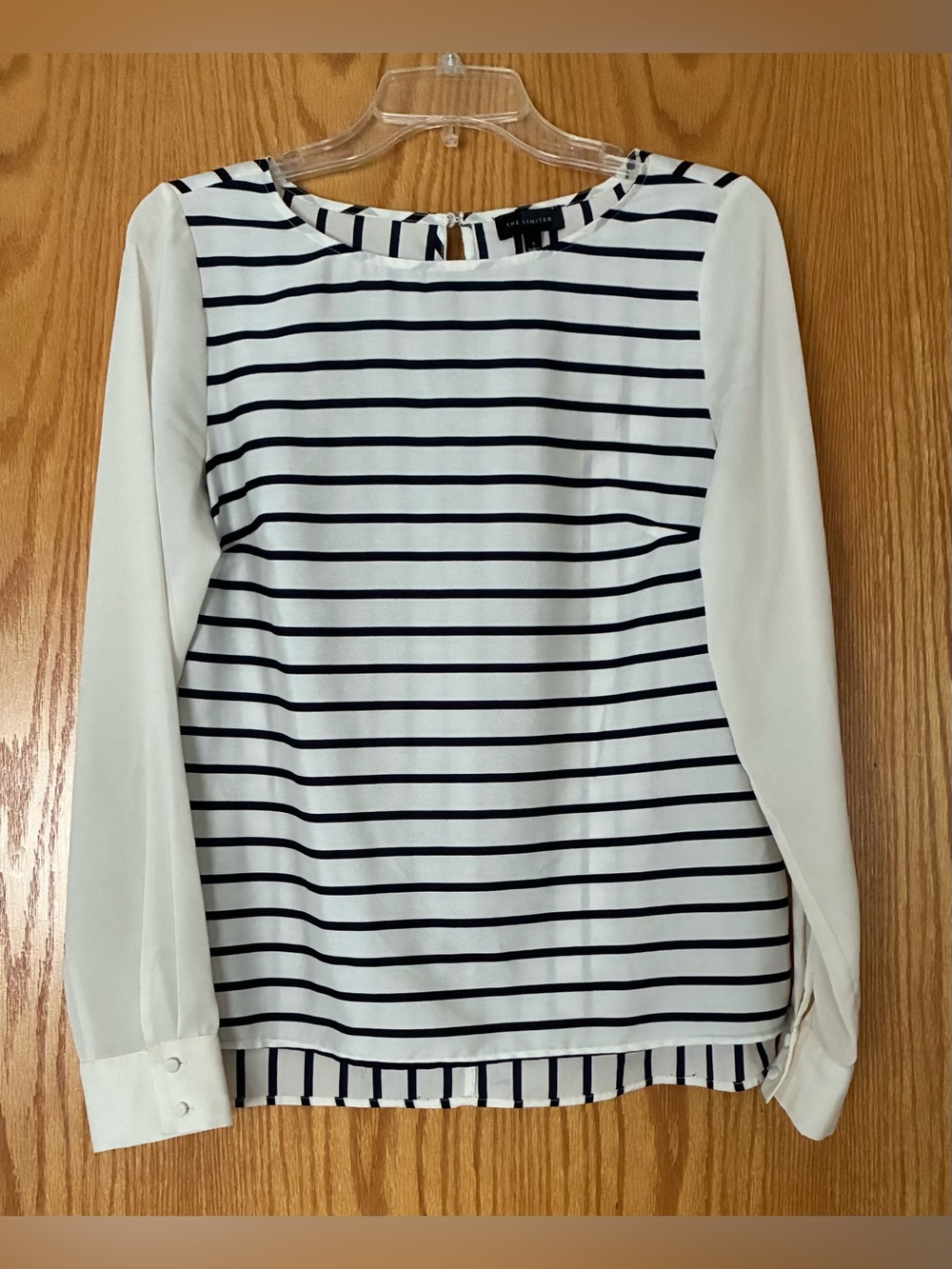 The Limited Polyester Blouse, Sz. S, Cream/Navy Stripes w/ Cream Long Sleeves